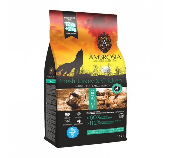 Ambrosia Grain Free Adult Large Turkey & Chicken 12kg + 2kg ΔΩΡΟ