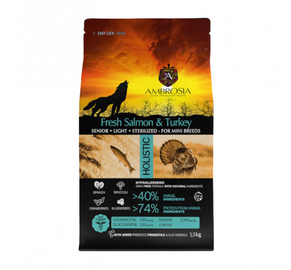 Ambrosia Grain Free Adult Mini Senior Light Sterilised Fresh Salmon & Turkey 1.5kg