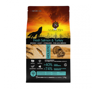 Ambrosia Grain Free Adult Mini Senior Light Sterilised Fresh Salmon & Turkey 1.5kg