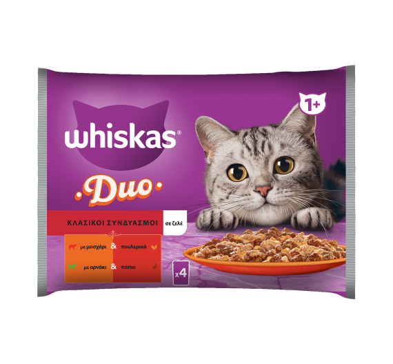 Whiskas Duo Μοσχάρι-Πουλερικά & Αρνί-Πάπια σε Ζελέ 4x85gr