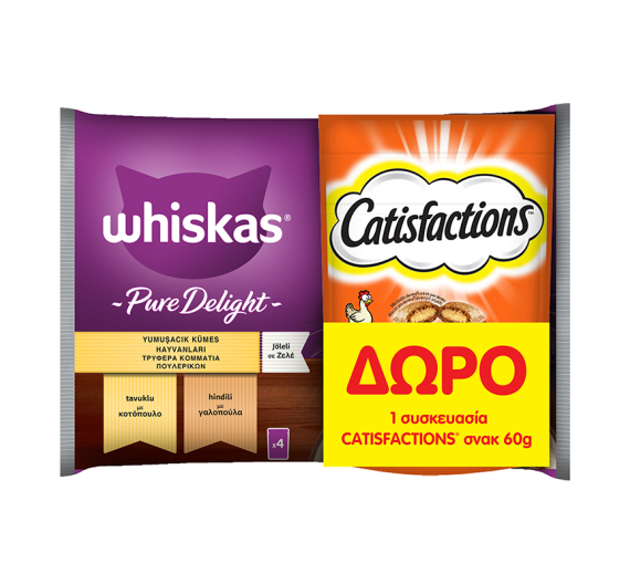 Whiskas Pure Delight 4x85gr + Catisfactions Κοτόπουλο 60gr Δώρο