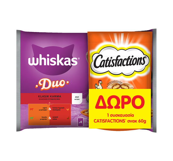 Whiskas Duo Μοσχάρι -Πουλερικά & Αρνί-Πάπια σε Ζελέ 4x85gr+ Catisfactions Κοτόπουλο 60gr Δώρο