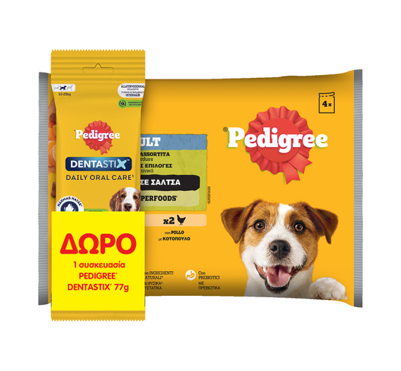 Pedigree Pouch με Μοσχάρι, Αρνί & Γαλοπούλα σε Σάλτσα 4x100gr + Dentastix Medium 77gr Δώρο